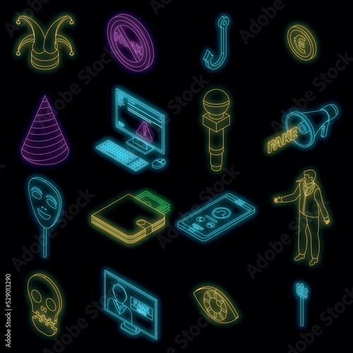 Hoax icons set. Isometric set of hoax vector icons neon color on black