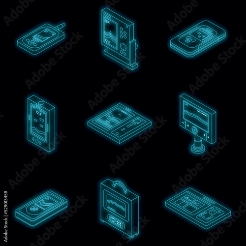 Echo sounder icons set. Isometric set of echo sounder vector icons neon color on black