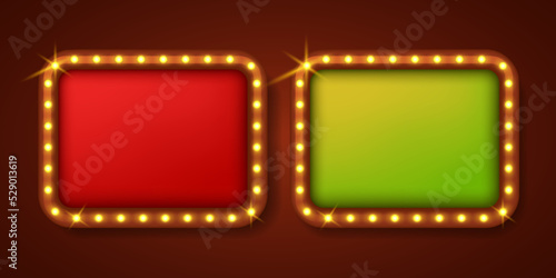 Blank background for casino. Empty background for placing elements on the theme of the casino. Red and green luxury background with a brown wooden frame and light bulbs.