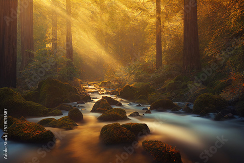Peaceful river flowing through redwood forest with morning light and dappled sunshine in autumn.