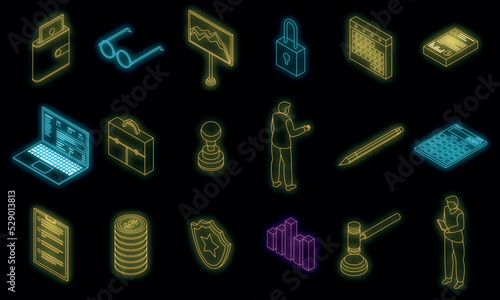 Audit icons set. Isometric set of audit vector icons neon color on black