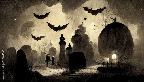 Fényképezés Halloween theme with pumpkins ghosts bats in the dark