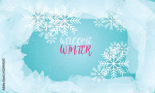 Winter bright background. Christmas landscape with snowdrifts and pine branches in the frost.