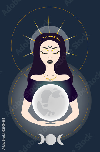 Triple goddess symbol of moon phases. Wiccan woman icon. Hekate, mythology, wicca, witchcraft. Triple Moon Religious Wiccan sign. Crescent, half and full moon. Printing of posters, cover etc. 