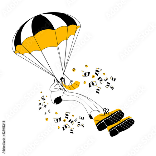 A man in a business suit parachutes down among flying banknotes. Vector two-color illustration on the topic of dismissal with guaranteed compensation.