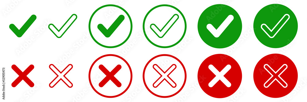 Set green approval check mark and red cross icons in circle and square, checklist signs, flat checkmark approval badge, isolated tick symbols - for stock Set green approval check mark and red cross icons in circle and square, checklist signs, flat checkmark approval badge, isolated tick symbols - for stock