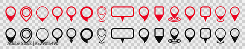 Set red and black pin map marker pointer icon on transparent background, GPS location flat symbol – stock vector
