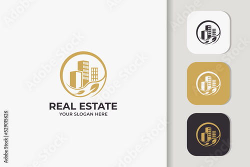 real estate combine abstract circle leaf natural logo design