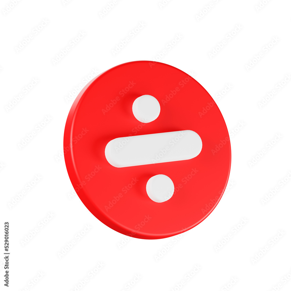 white arithmetic division sign on red button circle shape, on white background, 3d rendering, illustration white arithmetic division sign on red button circle shape, on white background, 3d rendering, illustration