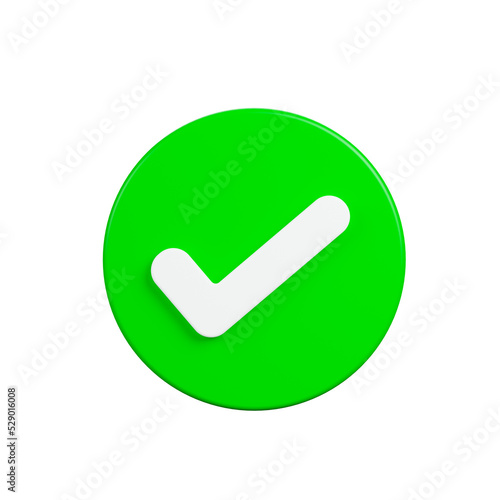 Realistic green checkmark button, symbol sign, Suitable for applications, cartography, GPS navigation, announcement banner, websites, front view, 3d rendering, illustration.