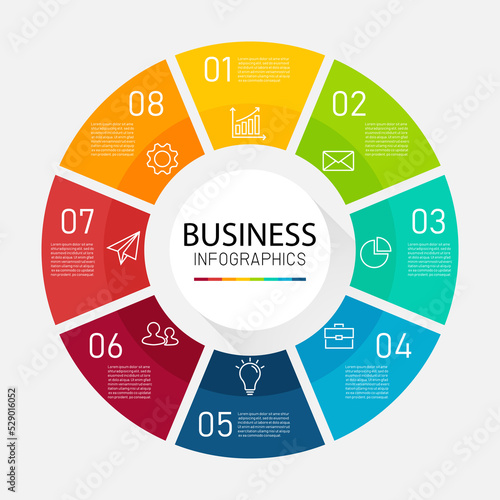 Circle business infographic template with eight options. can be used for process, presentations, layout, banner,infographic. business and finance concept. 8 icon to success. vector illustration.