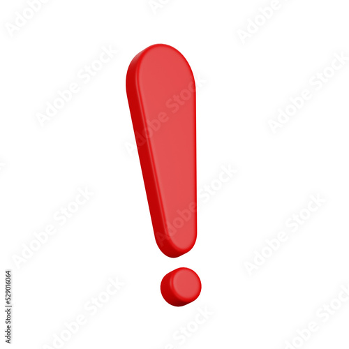 red Realistic exclamation mark, caution icon, front view is slightly tilted to the side, 3d rendering, illustration.