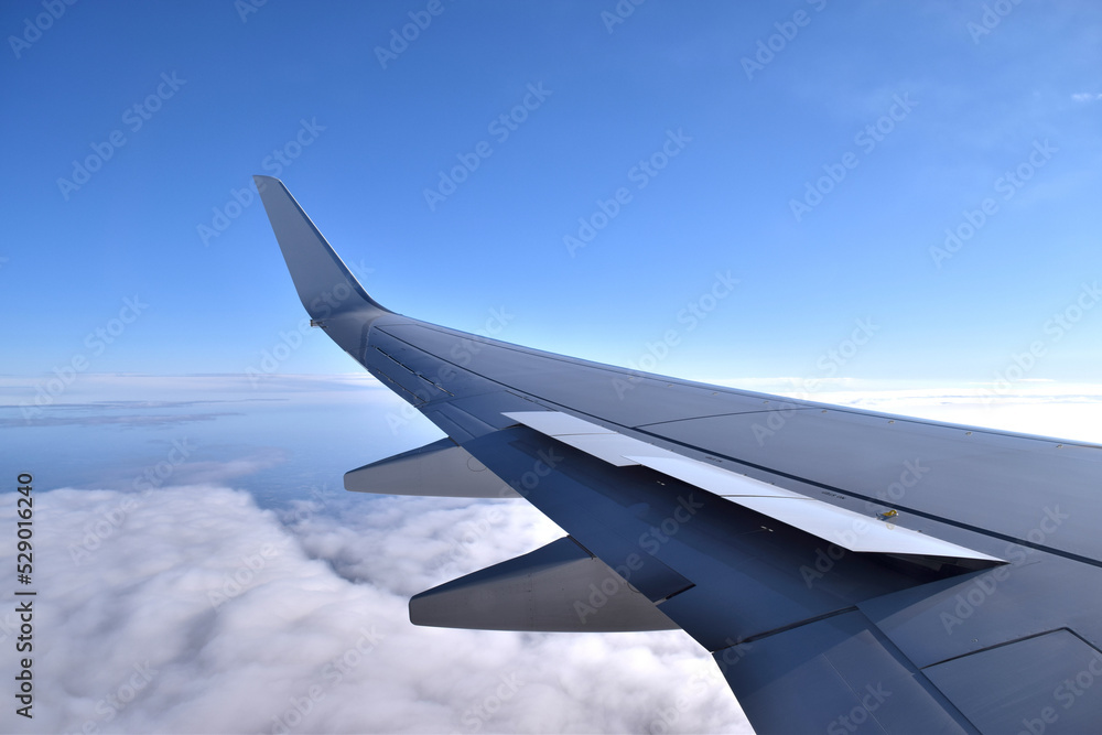 Obraz premium View from a plane window above clouds, with flaps up, before landing. Traveling on a clear sky day