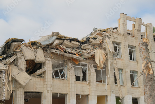 Destroyed school in the Ukrainian city of Zhytomyr. Russian aggression concept