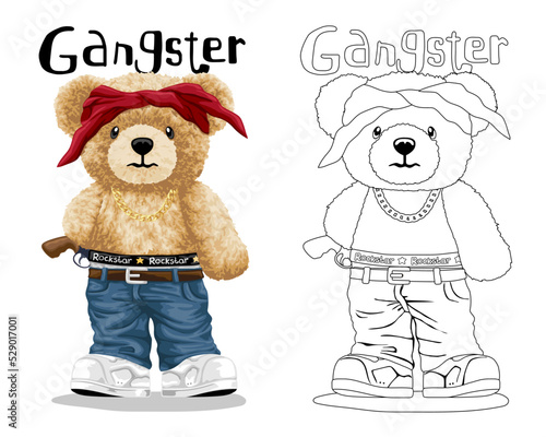 Hand drawn vector illustration of teddy bear in gangster style with gun. Coloring book or page