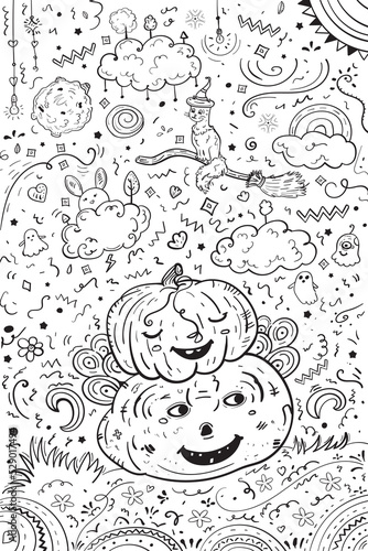 Two laughing pumpkins and cat flying on a broomstick in doodle style