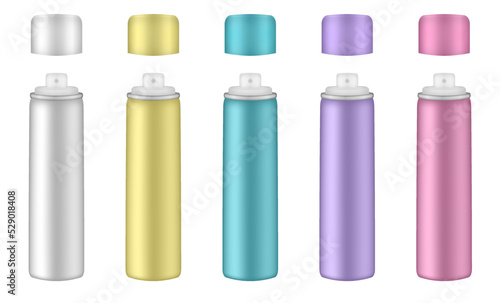 Aluminium tube for hairspray, air freshener container, thermal water spray bottle. White, yellow, purple, green and pink bottles. Realistic cosmetic mockup of aerosol deodorant or dry shampoo