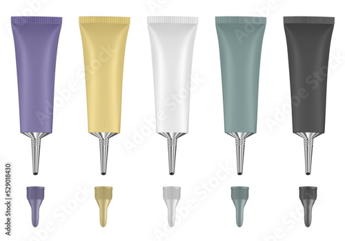 Set of tubes with long nozzle and long cap. Purple, yellow, white, green and black. Cosmetic packaging. Serum or ointment. Gel or cream. Open