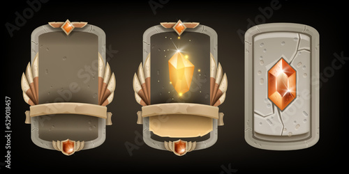 Game card stone kit, vector UI fantasy rock frame, magic RPG template border, vintage interface set. Medieval alchemy menu tile, yellow shiny crystal, healing gemstone. GUI game card design element