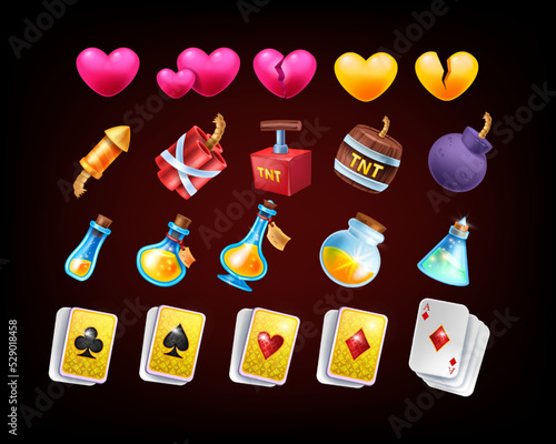 3D game icon set, vector casino slot object, level up award assets, cartoon magic potion vial, bomb. UI collection pink broken heart, tnt, firework cracker, playing cards. Game icon interface kit