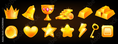 Golden game slot icon set, vector casino cartoon element kit, mobile app UI assets, coin pile, heart. Reward trophy crown, award bonus star, lightning, square button. Golden icon winner object pack