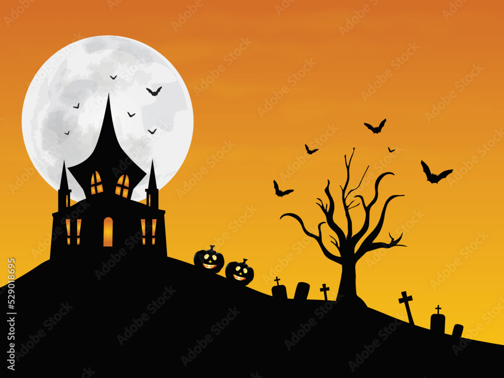 Halloween background with haunted house, bats, pumpkins and graveyard illustration