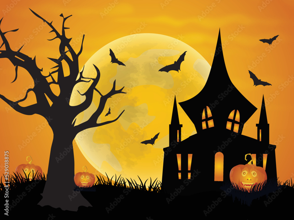 Happy halloween night background with nice pumpkins and castle, bats, silhouette tree vector
