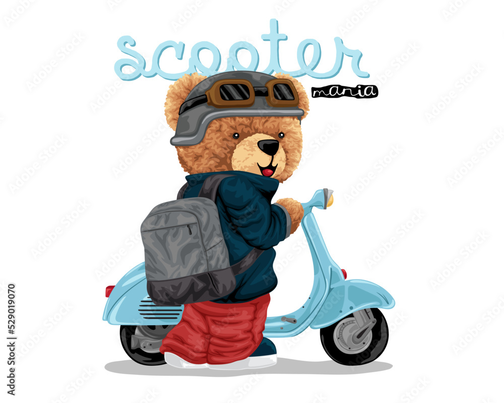 Hand drawn vector illustration of teddy bear with scooter