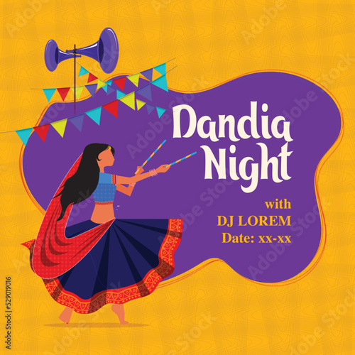 illustration of woman playing Dandiya in disco Garba Night banner poster for Navratri Dussehra festival of India photo
