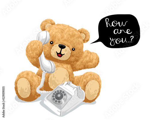 Hand drawn vector illustration of teddy bear with old telephone