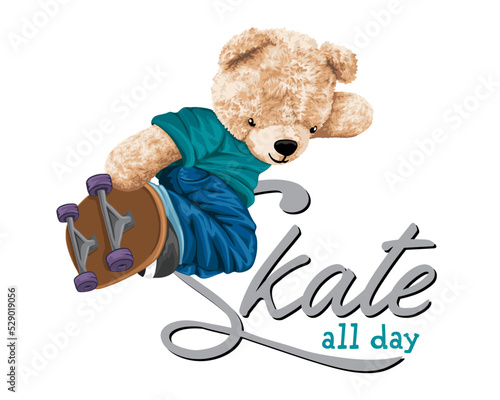 Hand drawn vector illustration of teddy bear play skateboard