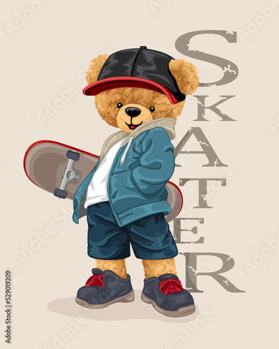 Hand drawn vector illustration of teddy bear in urban style holding skateboard