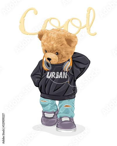 Hand drawn vector illustration of cool teddy bear with headphones