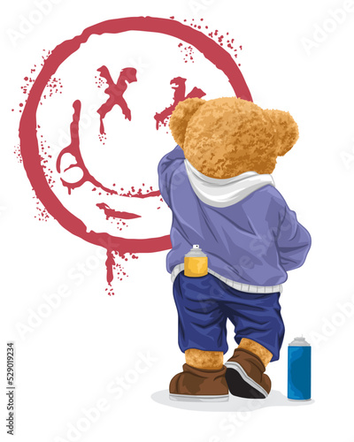 Hand drawn vector illustration of teddy bear painting smile symbol in wall with spray paint © Bhonard21