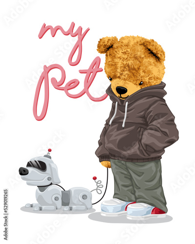 Hand drawn vector illustration of teddy bear with pet robot