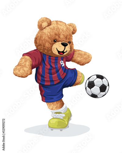 Hand drawn vector illustration of teddy bear kicking ball