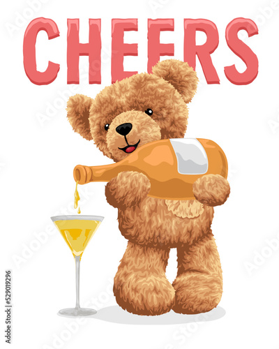 Hand drawn vector illustration of teddy bear pouring a drink into a glass
