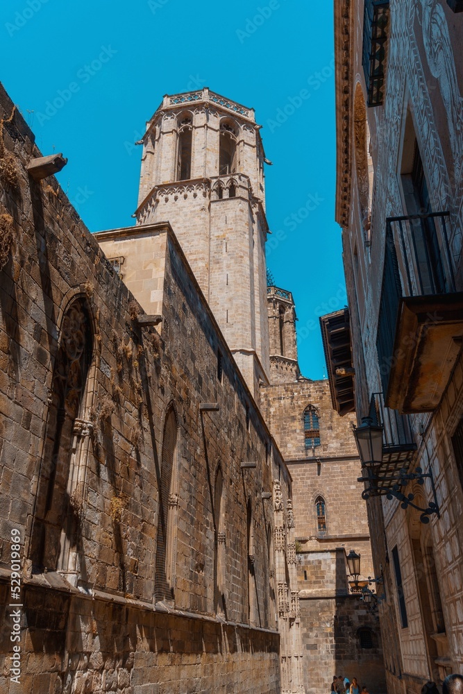 Catedral de la Santa Creu i Santa Eulàlia Gothic cathedral of Barcelona, Spain was built during the 13th to 15th centuries in the same place where there was a Romanesque cathedral.