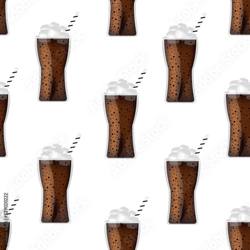 Set of glasses with coke with ice, straw and bubbles. Seamless pattern with coke in glass. Background with cold drink with sparkles.