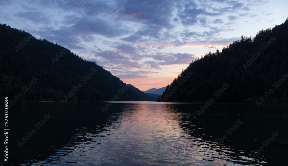 Canadian Nature Background during colorful Sunset. Harrison River, British Columbia, Canada.