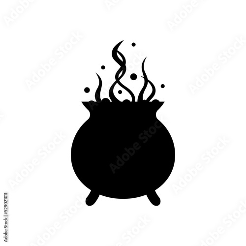 Boiling cauldron with magic potion silhouette. Strong magic spells boiled in black pot. Sinister tentacles and bubbles rise from witch vector utensils