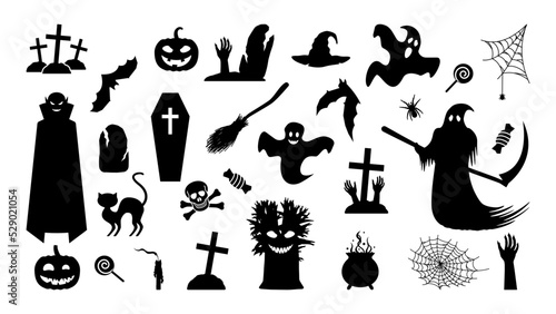 Creepy monsters and sinister ritual items silhouette. Sinister halloween vampires and ghosts with gloomy dead trees. Dead mens hands sticking out of graves with cobwebs and festive vector sweets