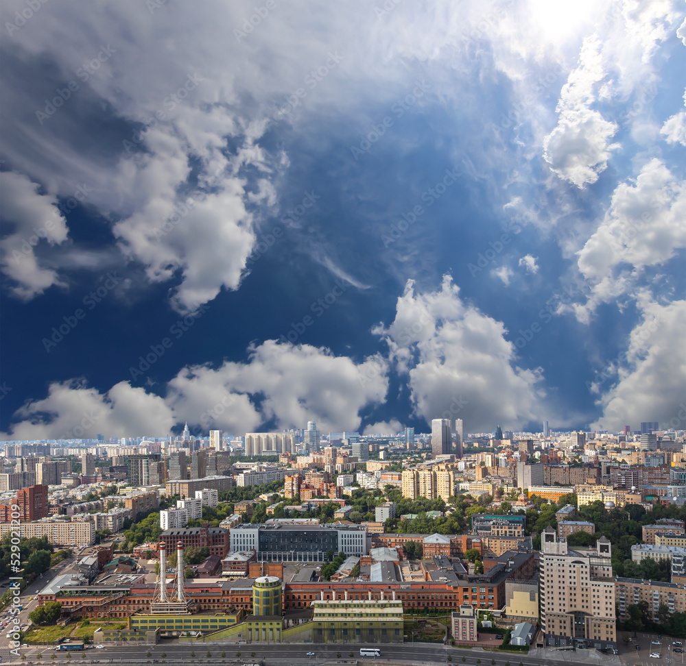 Aerial view of center of Moscow against the background of the sky with clouds, Russia