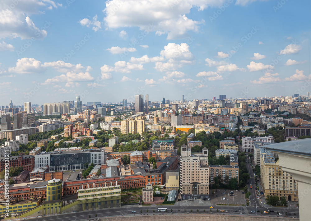 Aerial view of center of Moscow from observation deck located on the 33rd floor of the Radisson Collection Hotel (historical name Hotel Ukraina), Russia