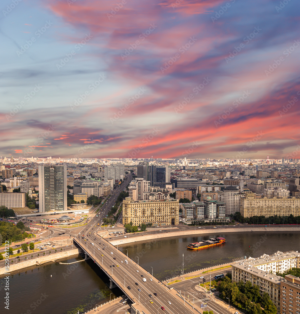 Aerial view of center of Moscow against the background of a romantic evening sky (formerly Secretariat of the Council for Mutual Economic Assistance (CMEA), Russia
