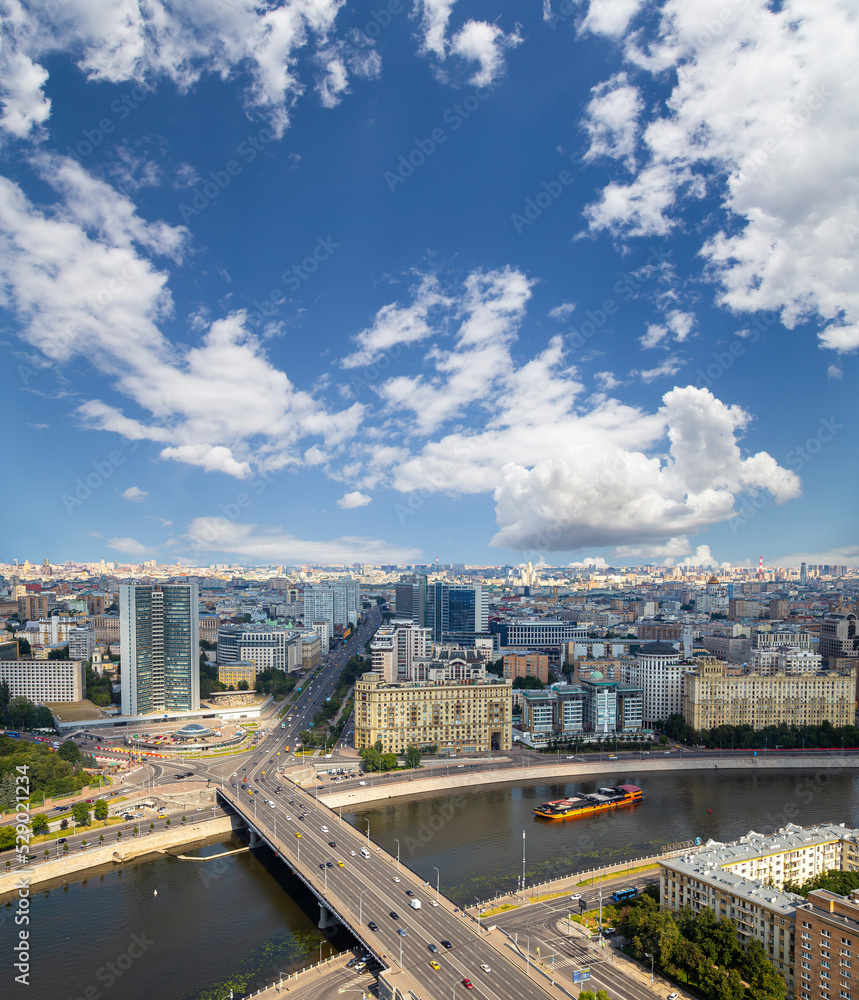 Aerial view of center of Moscow against the background of the sky with clouds (formerly Secretariat of the Council for Mutual Economic Assistance (CMEA), Russia