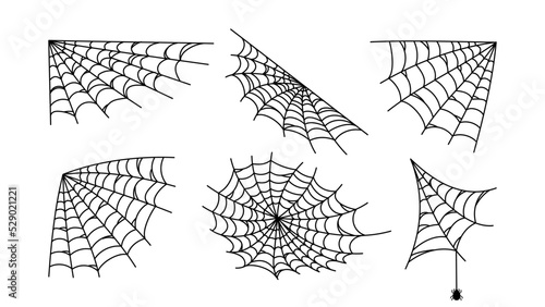 Black web hand drawn set. Spider mesh patterns with halloween party ornament. Sticky trap of intertwining dangerous vector lines