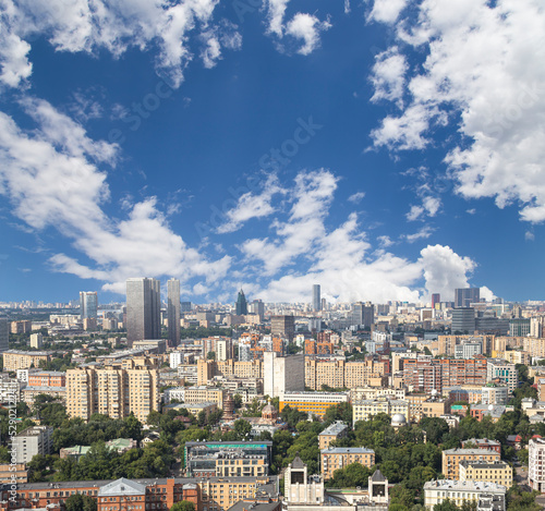 Aerial view of center of Moscow against the background of the sky with clouds, Russia