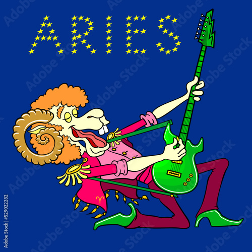 The symbol of the zodiac sign is Aries. Vector color illustration isolated on blue. Cartoon ram plays the electric guitar. Aries plays the guitar.