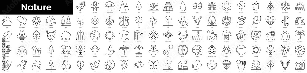 Set of outline nature icons. Minimalist thin linear web icons bundle. vector illustration.